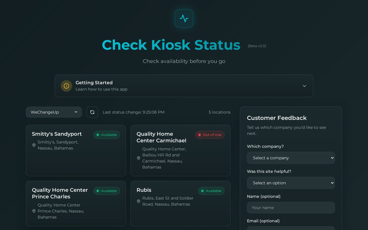 Kiosk Status home page